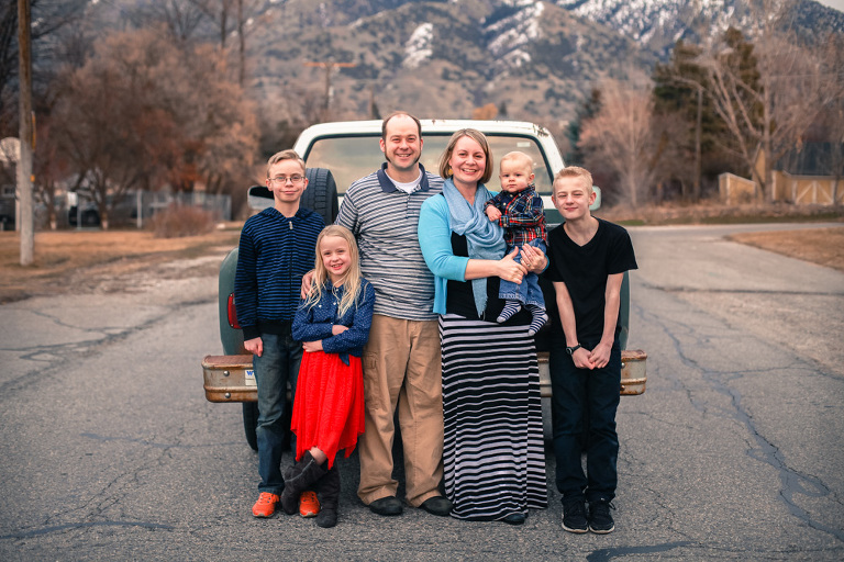 Family Portrait in Logan Utah with vintage truck and mountain